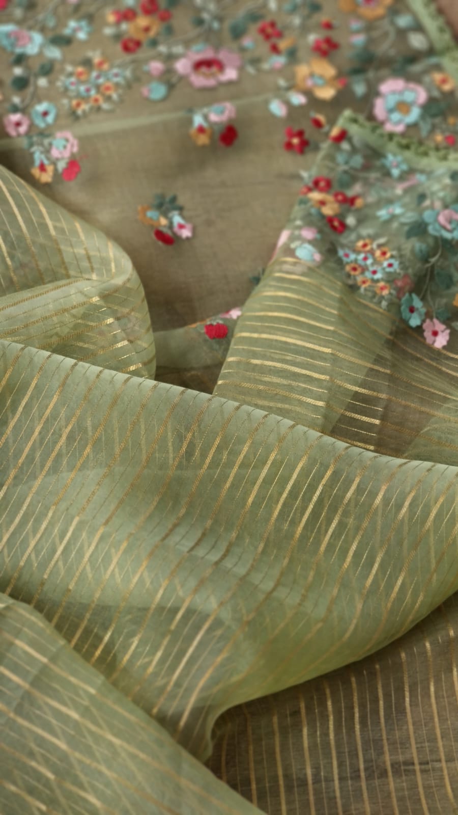 Pure Organza Silk  floral Embroidery Saree with velvet lace and heavy blouse
