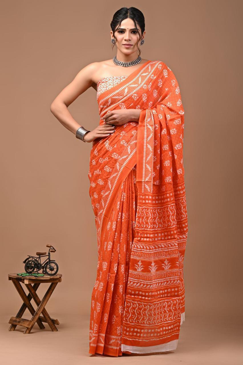 Pure Mulmul Cotton hand block Print Saree with Blouse
