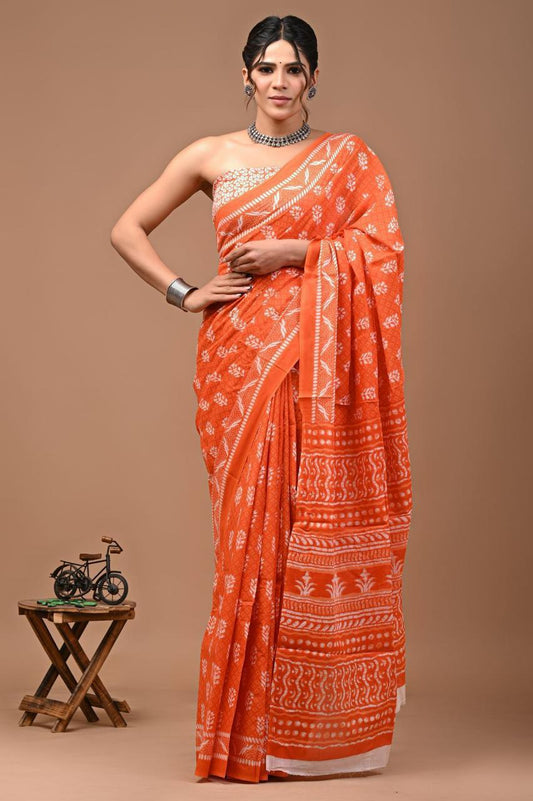 Pure Mulmul Cotton hand block Print Saree with Blouse