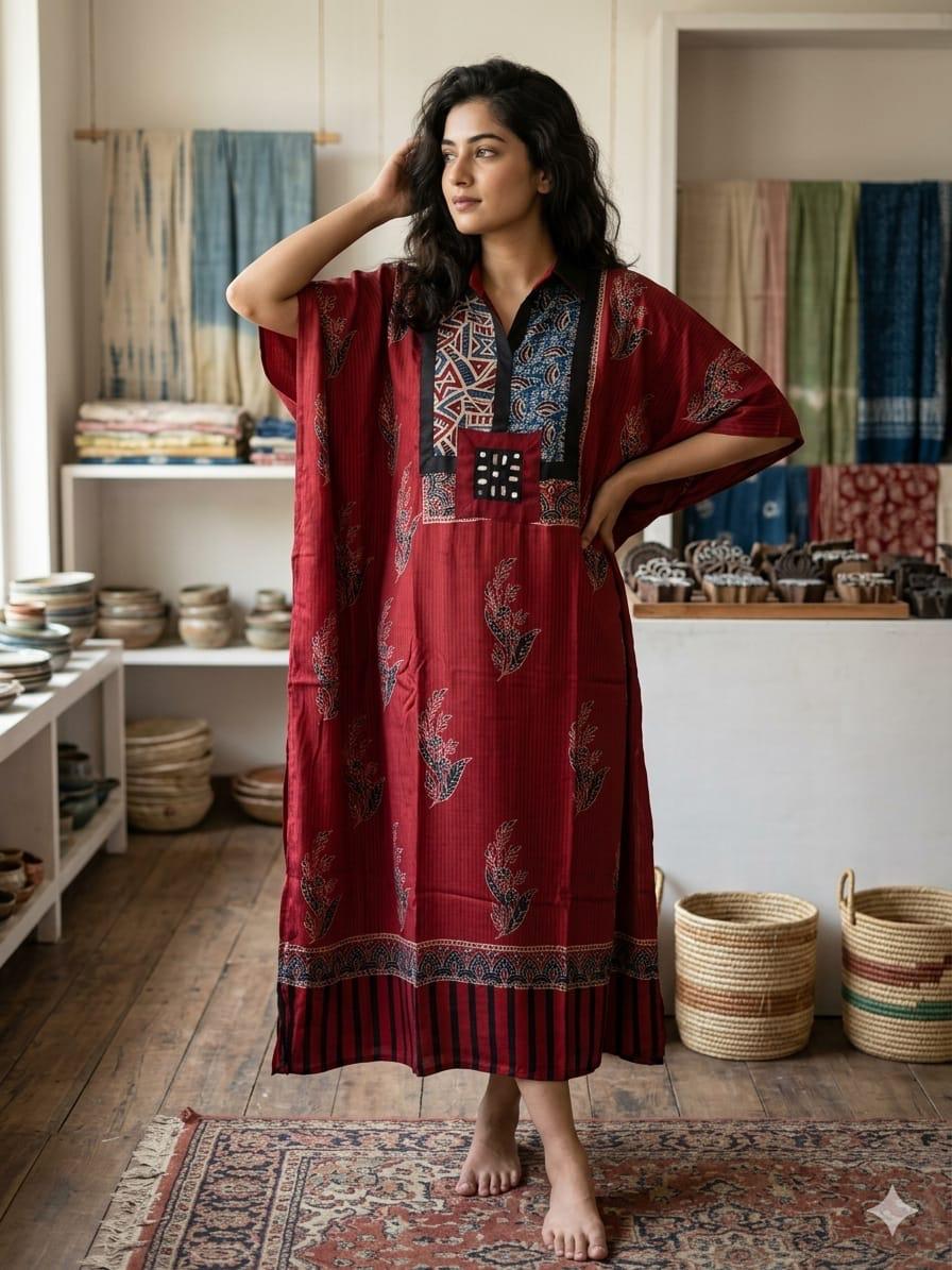 Pure Modal Silk Handblock Printed Kaftans Stitched suit