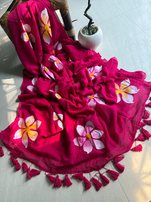 Beautiful Mulmul   Cotton Flowers design Hand Painted Saree