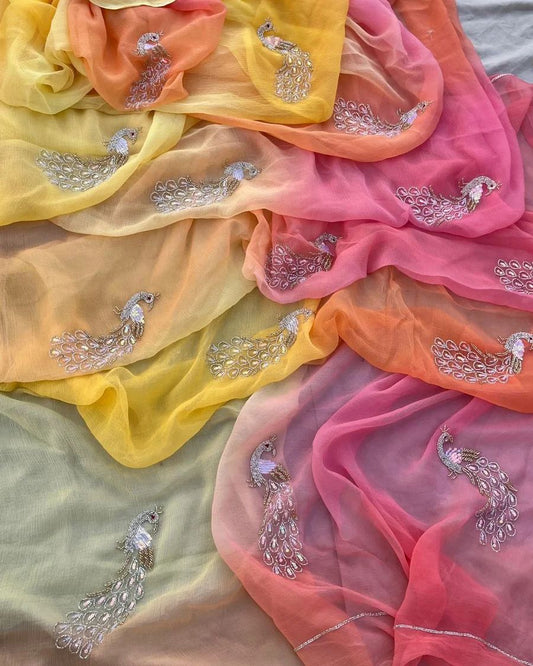 Pure Jaipuri Chiffon 13 big peacock work Saree with  blouse