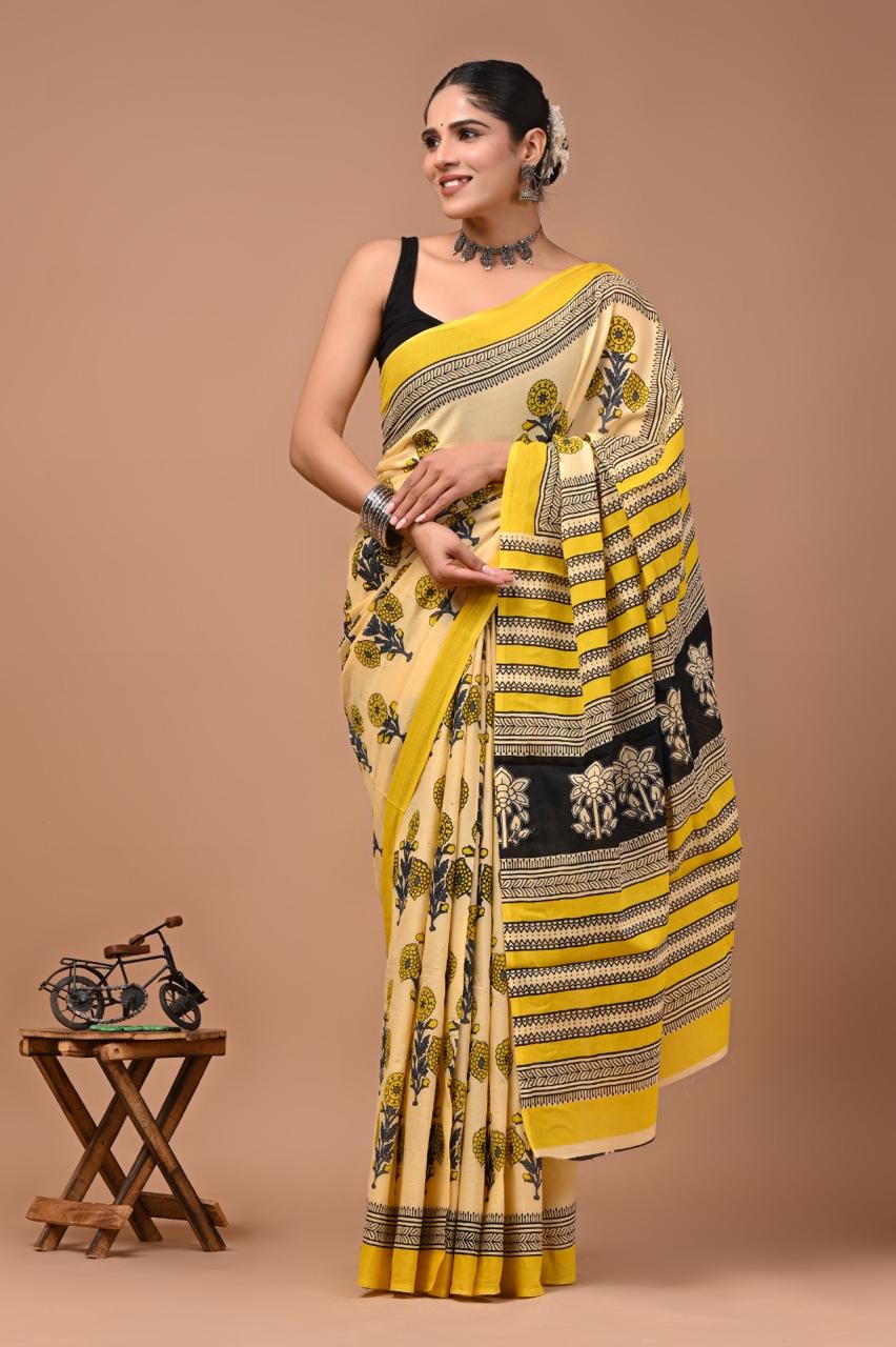 Pure Mulmul Cotton hand block Print Saree with Blouse