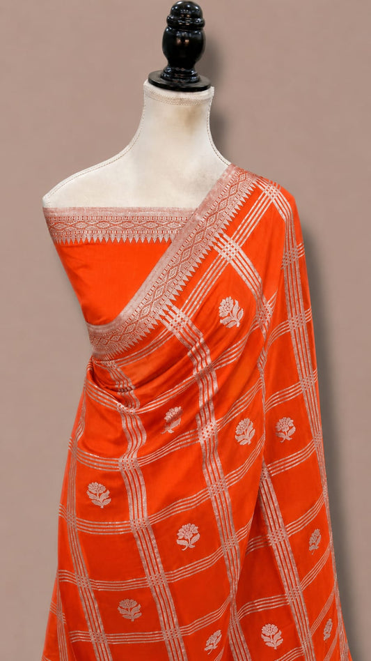 Mango Katan Banarasi Soft Silk Saree with Zari Check Weaving and Floral Boota Work