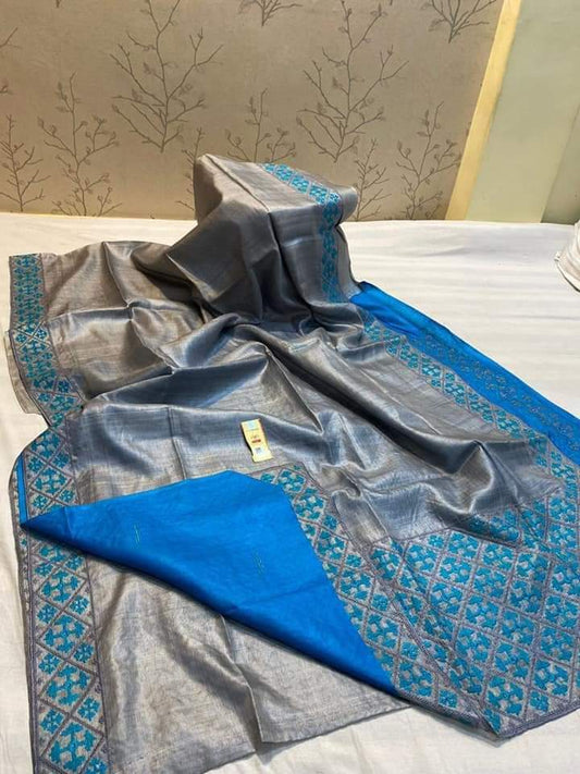 Pure Desi Tussar By Tussar Silk Embroidery Work Saree With Running Blouse.