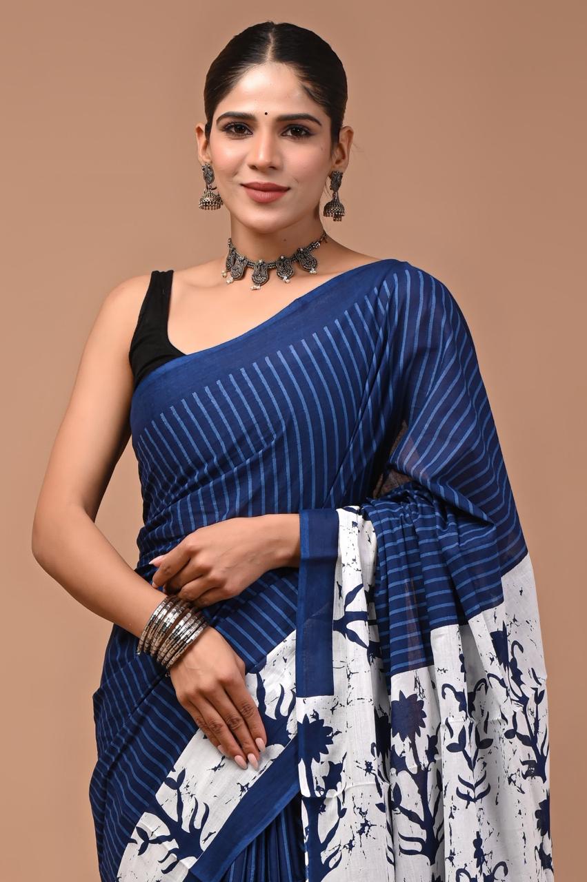 Pure Mulmul Cotton hand block Print Saree with Blouse