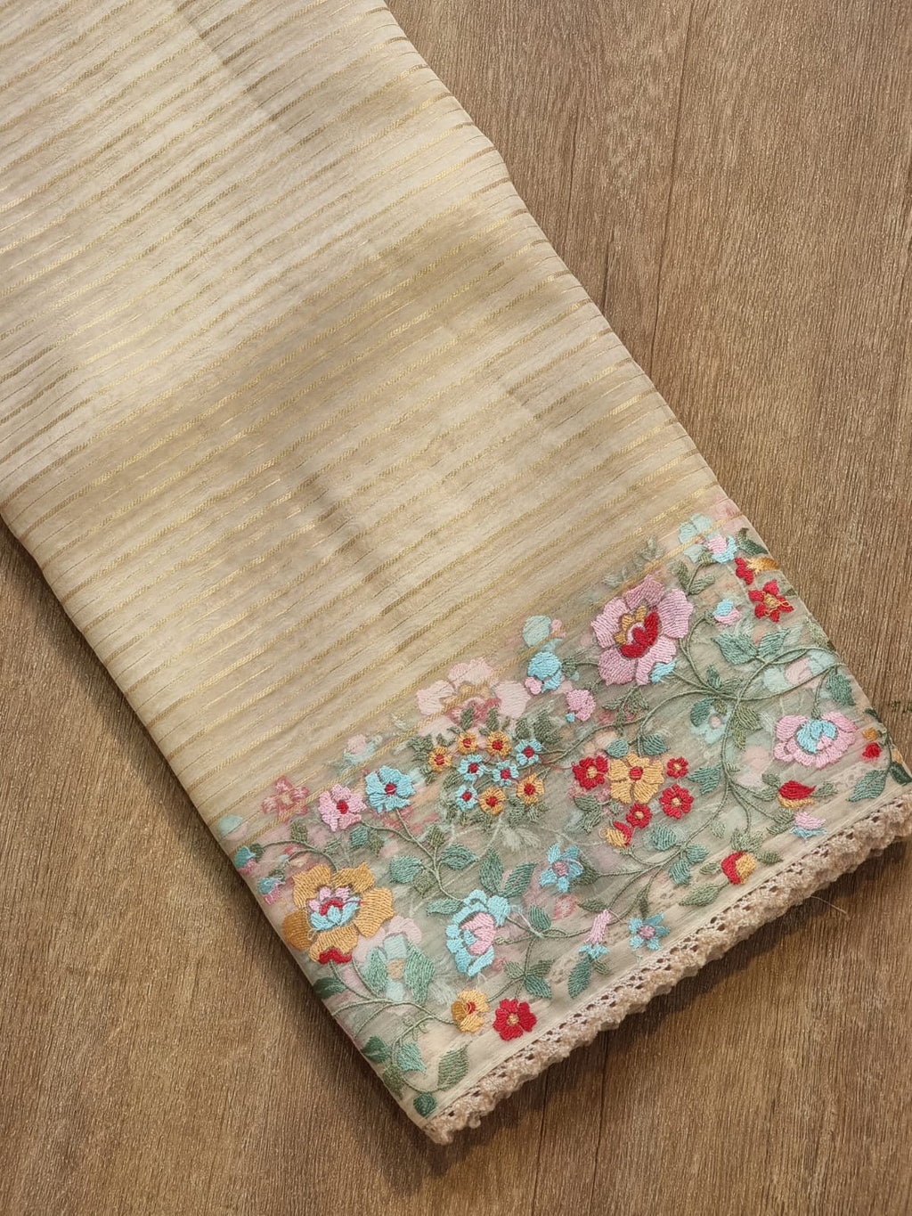 Pure Organza Silk  floral Embroidery Saree with velvet lace and heavy blouse