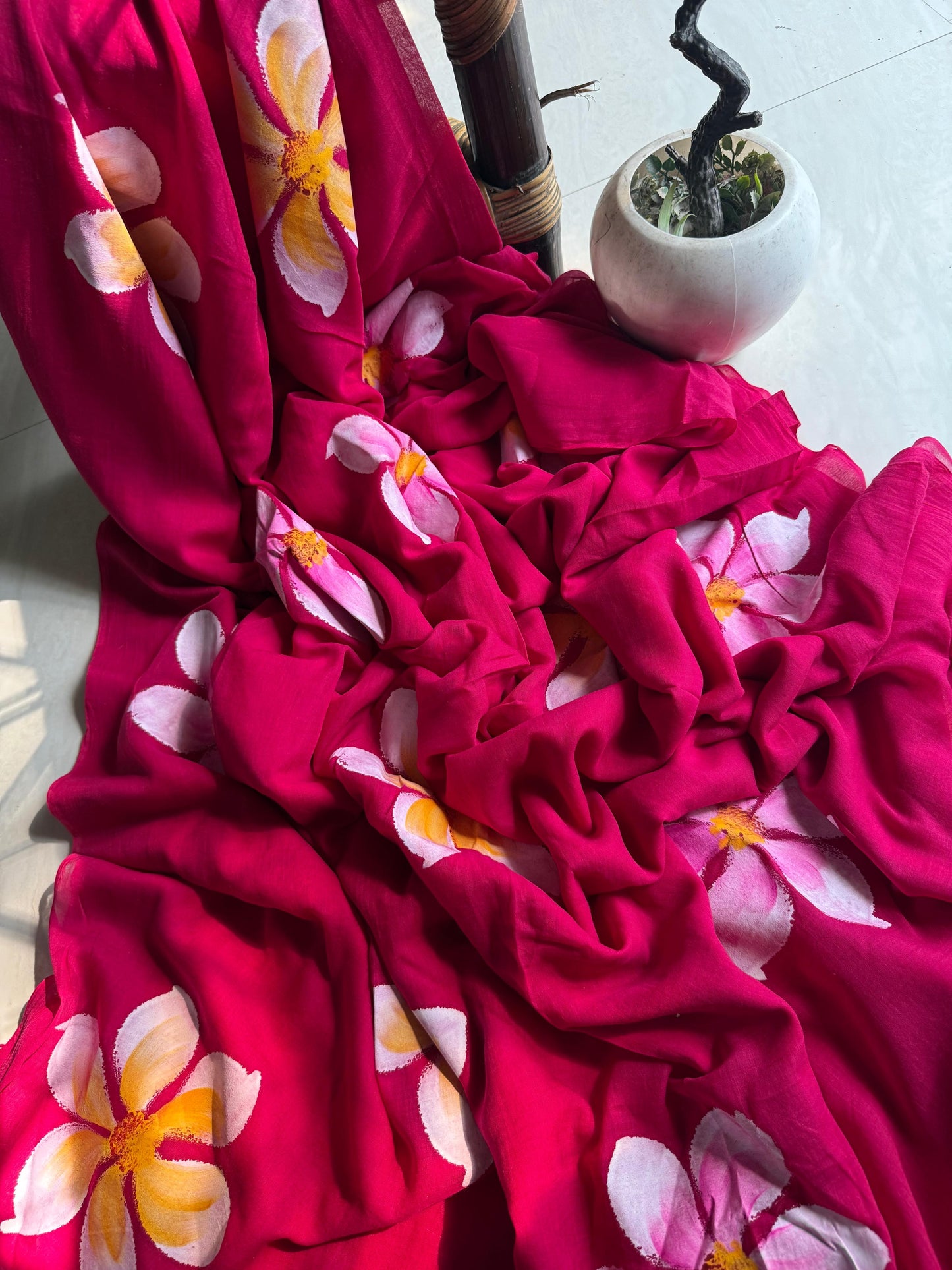 Beautiful Mulmul   Cotton Flowers design Hand Painted Saree