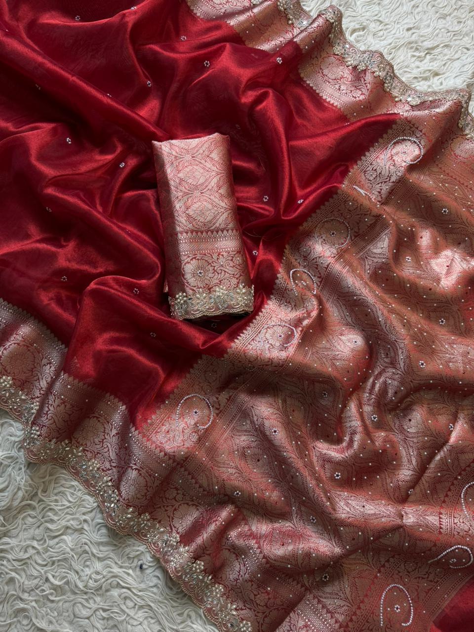 Banarasi Tissue Silk Saree With beautiful borders with beads work