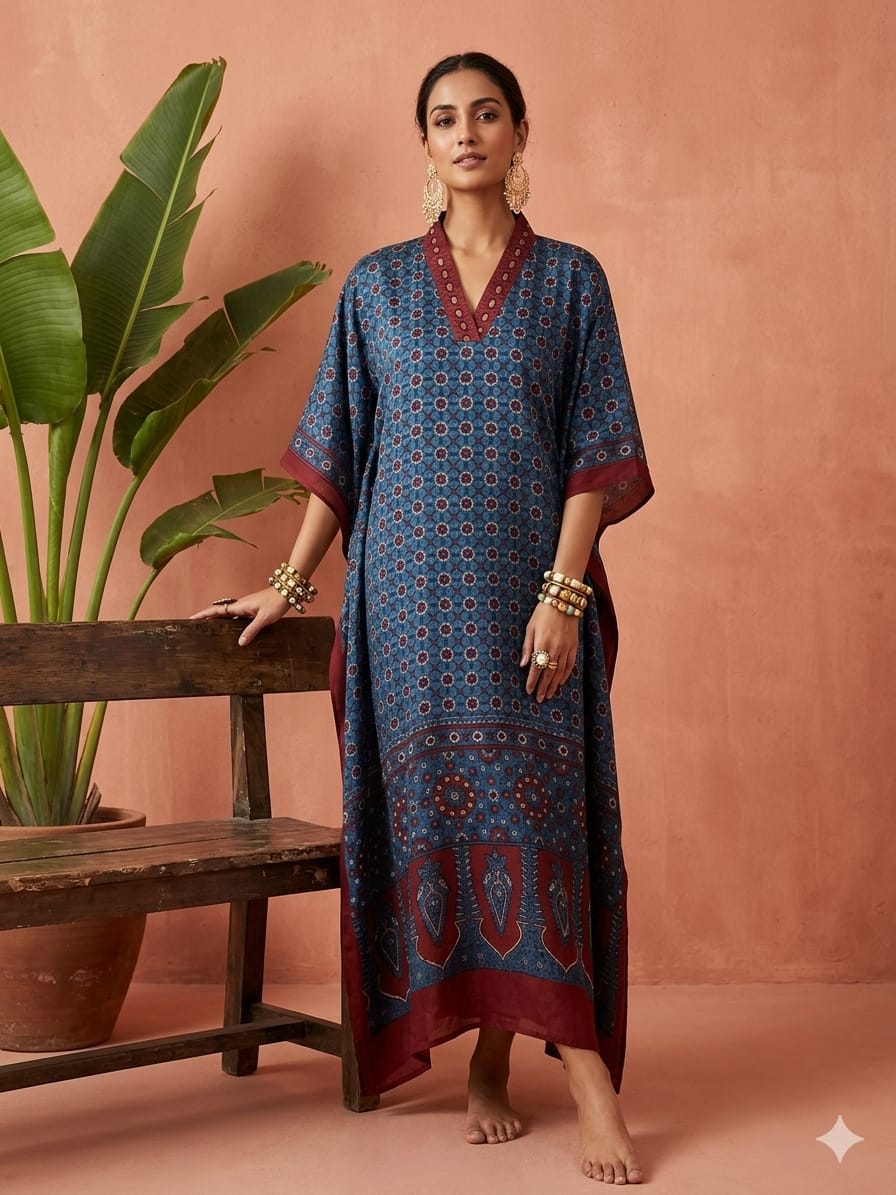 Pure Modal Silk Hand block Printed Kaftans Stitched suit With Hand Mirror Work