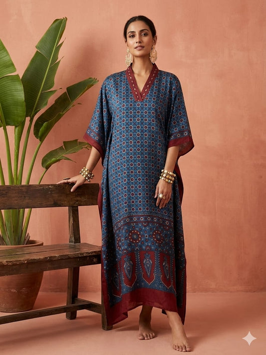 Pure Modal Silk Hand block Printed Kaftans Stitched suit With Hand Mirror Work