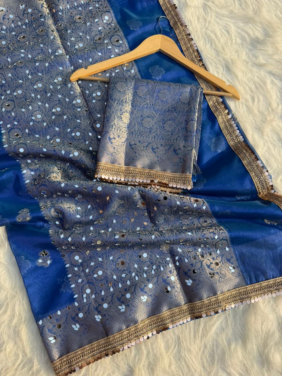 Elegant Tissue Mirror Work Saree with Designer Lace Border