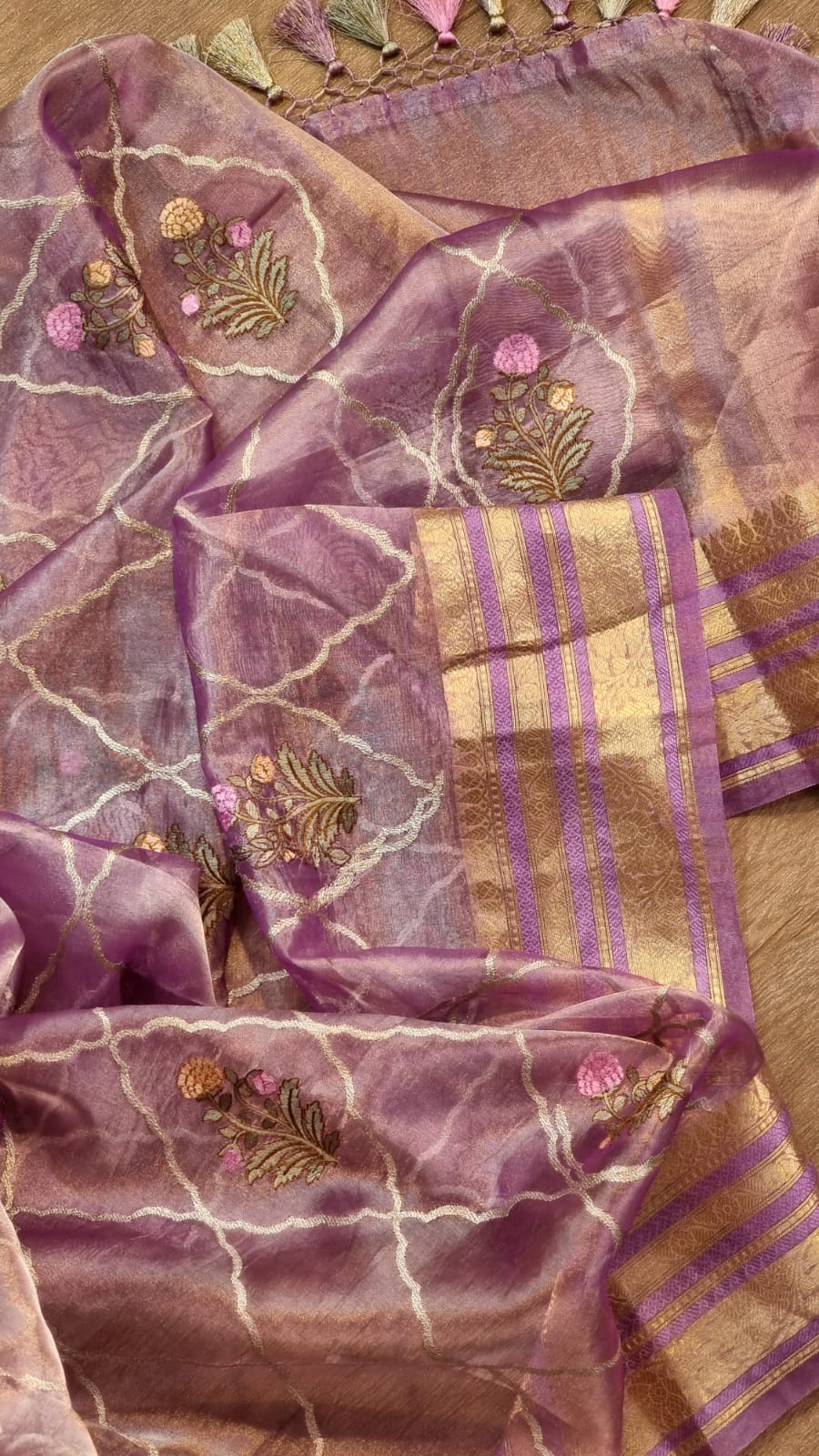 Pure Metallic Tissue Banarasi katan border Embroidery work saree