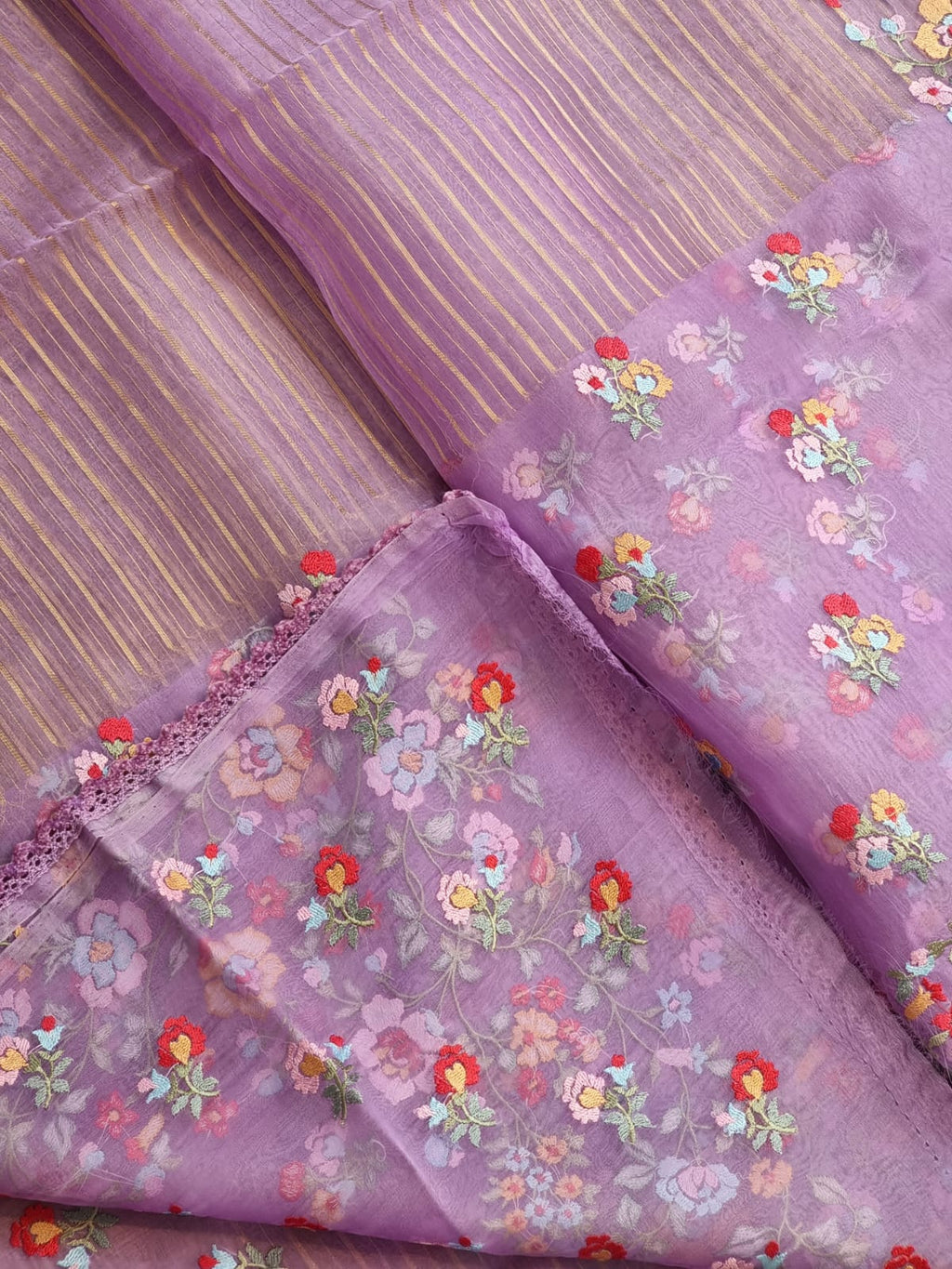 Pure Organza Silk  floral Embroidery Saree with velvet lace and heavy blouse