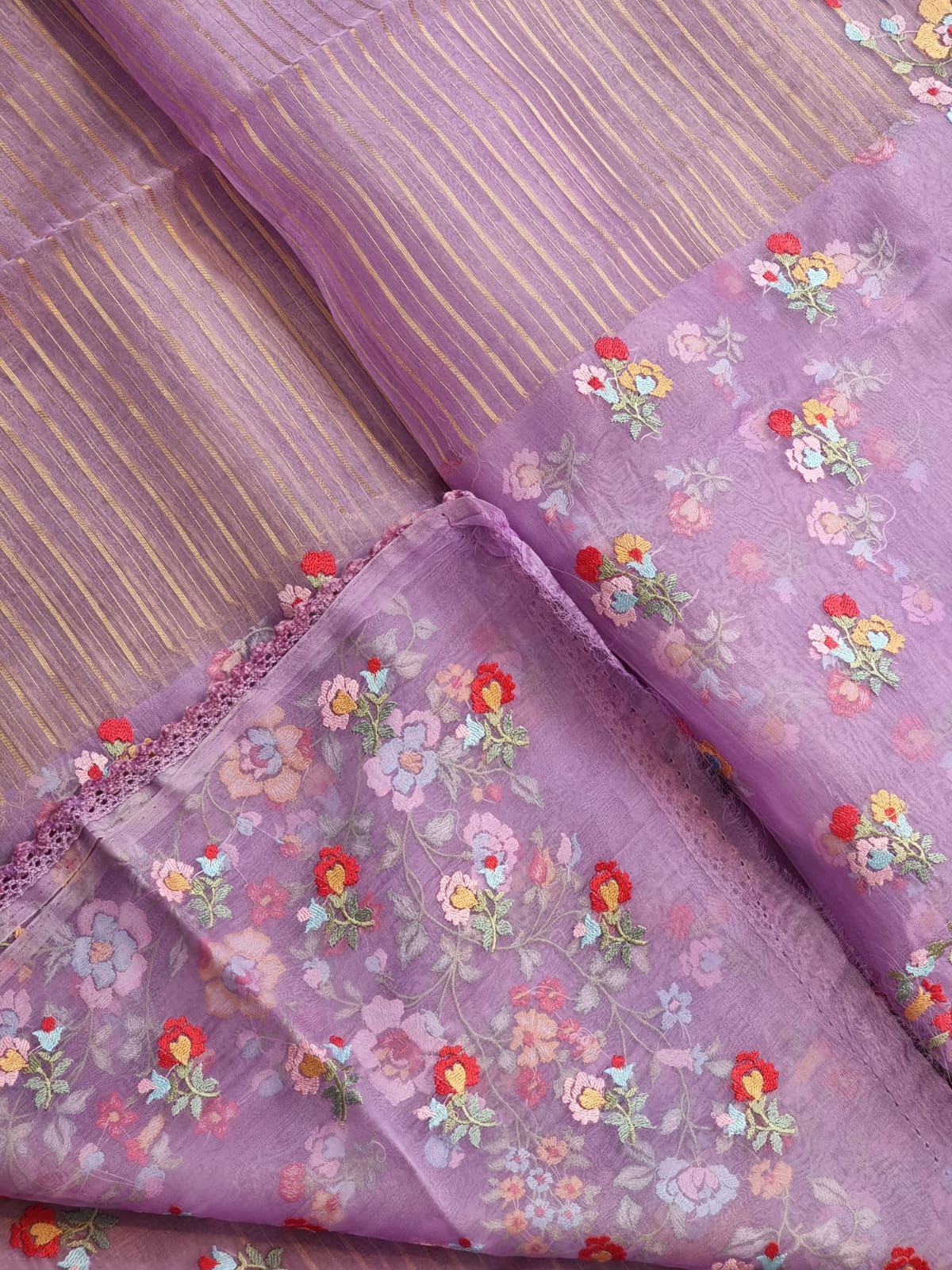 Pure Organza Silk  floral Embroidery Saree with velvet lace and heavy blouse