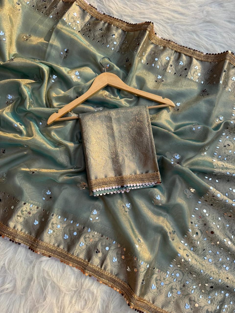 Elegant Tissue Mirror Work Saree with Designer Lace Border