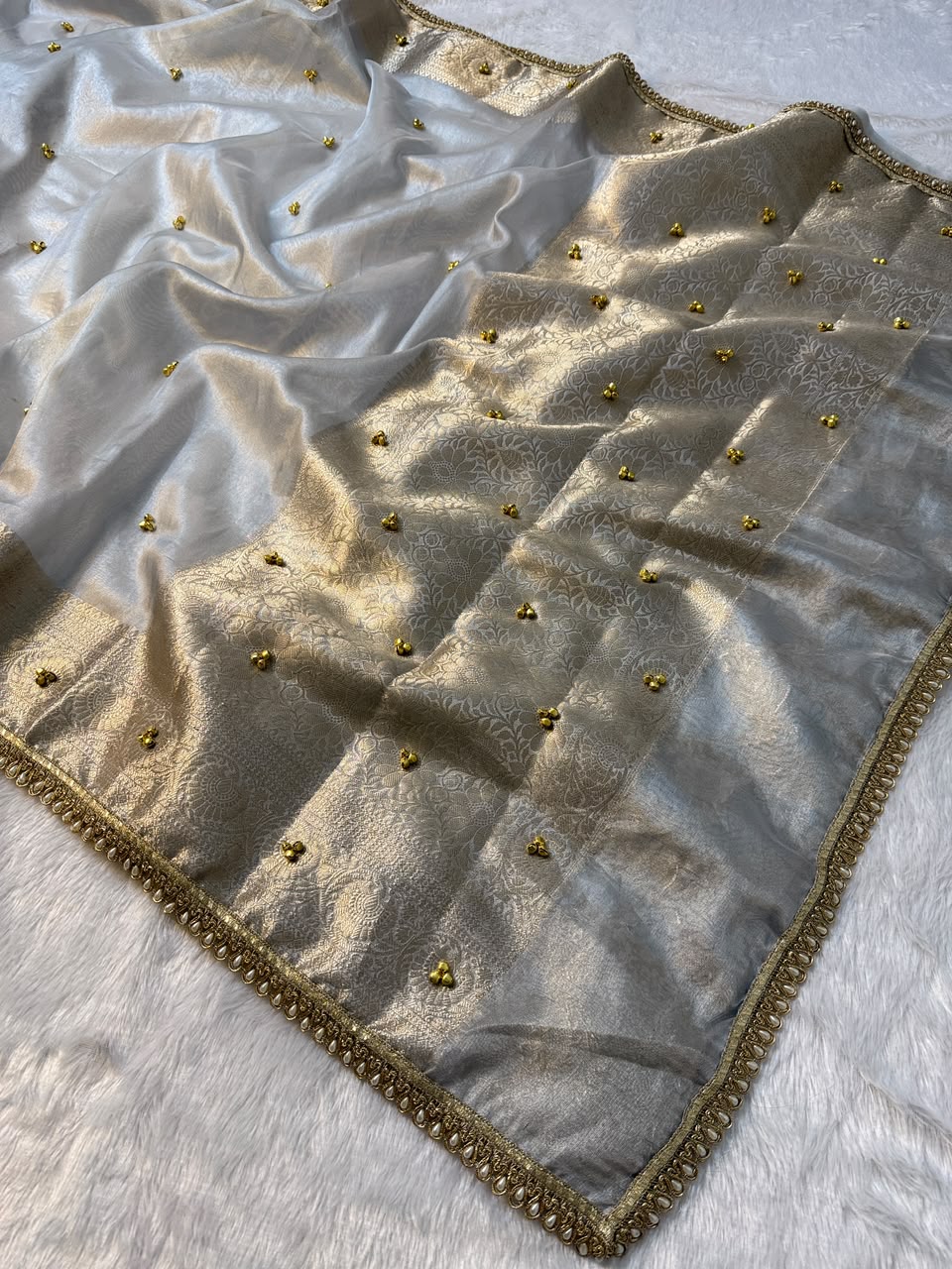 Premium Banarasi Tissue Zari Weaving Saree with Ghungroo Handwork Border