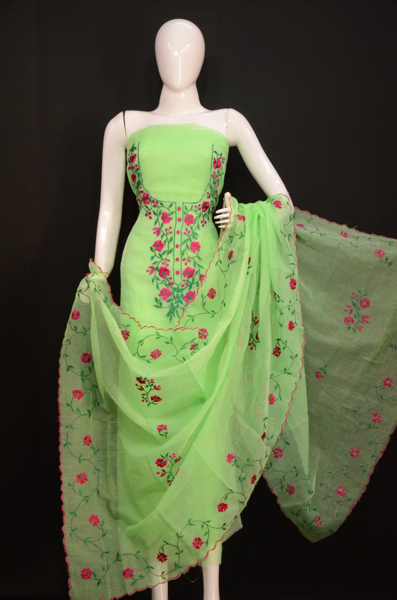 Pure Kota-Doria Unstitched Suit with Embroidery Work