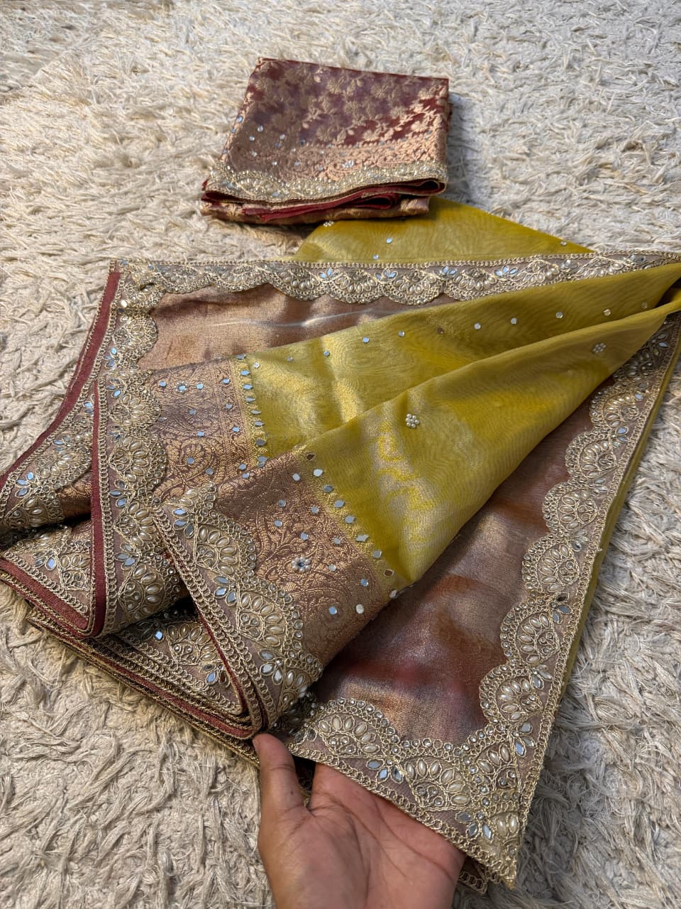 Elegant Tissue Mirror Work Saree with Designer Lace Border