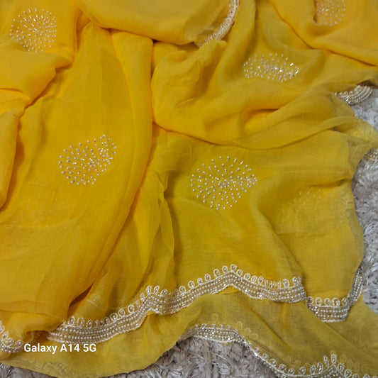 Pure Dimond Chiffon Hand Work Saree With Running Blouse