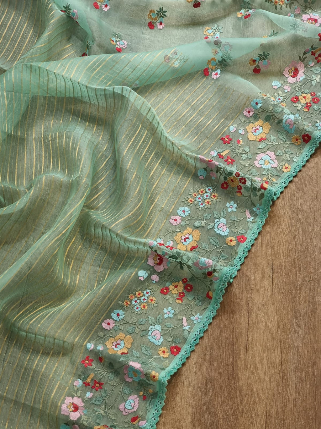 Pure Organza Silk  floral Embroidery Saree with velvet lace and heavy blouse