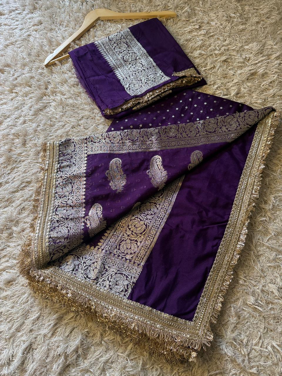 Handloom Banarasi Semi Khaddi Katan Soft Silk Saree With Lace Work Border