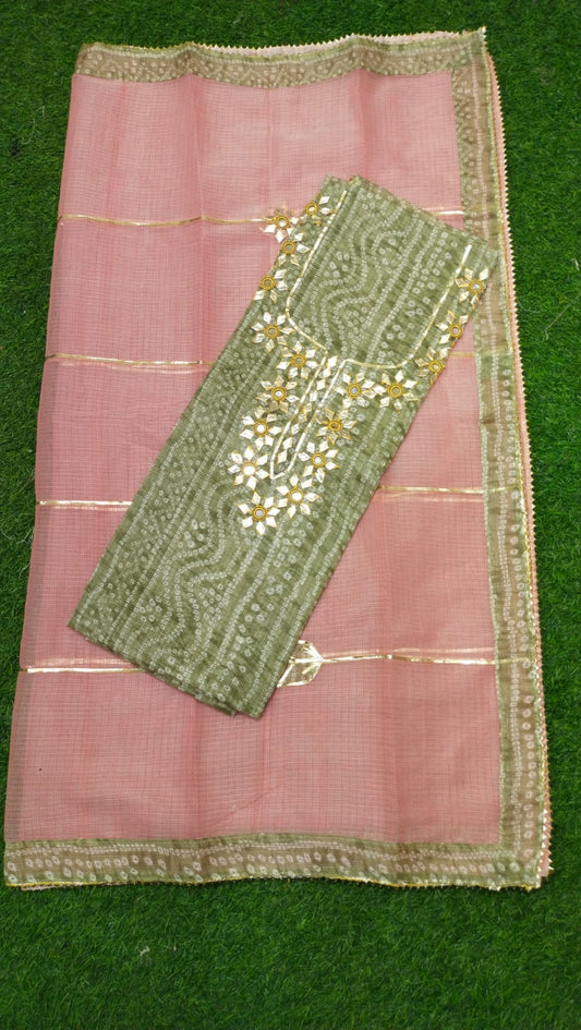 Premium Kota Doria Cotton 3 Pic Unstitched Suit Material with Hand Gota Work & Dupatta