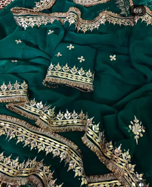 Pure Diamond Chiffon Gota Patti  Work Saree With Blouse