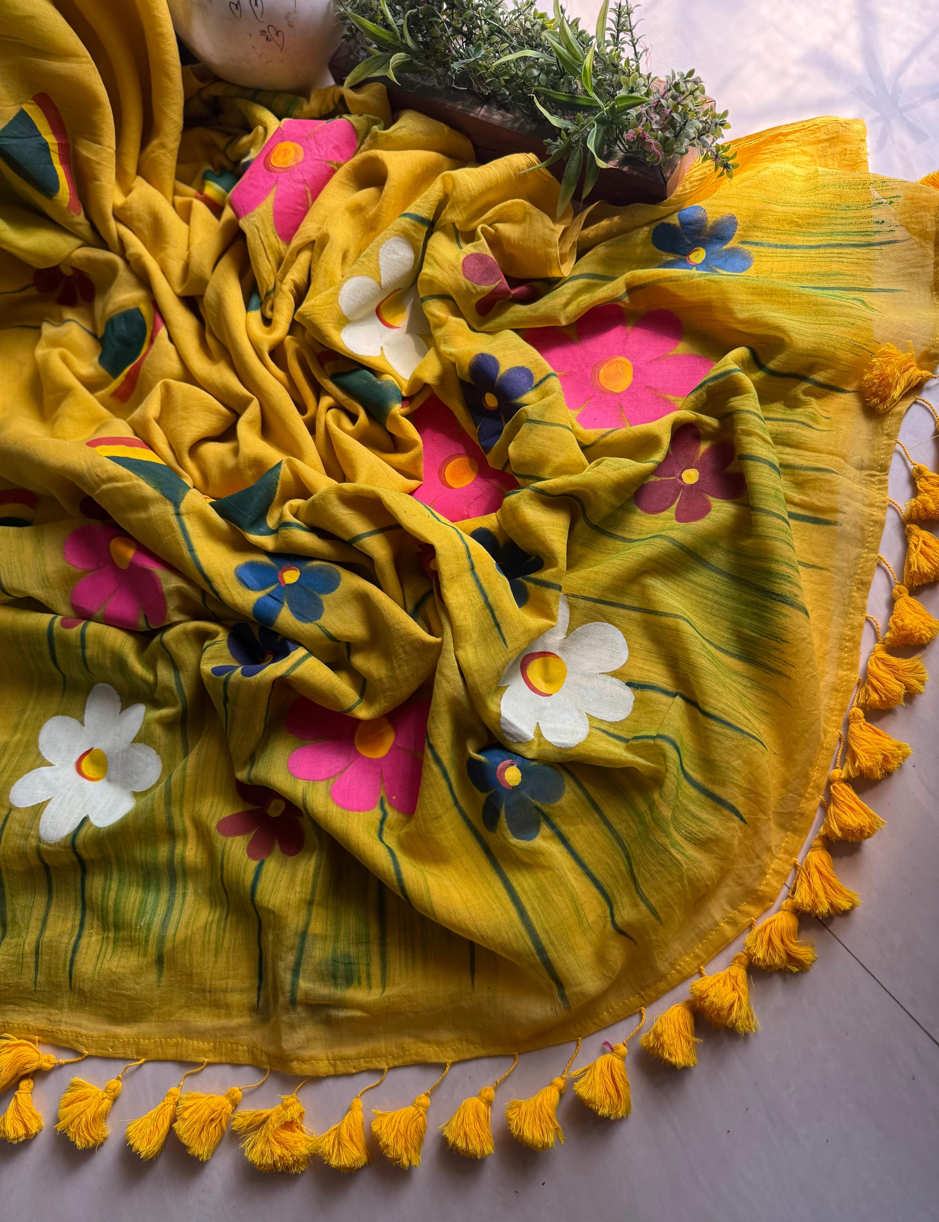 Beautiful Mulmul Cotton Flowers design Hand Painted Saree