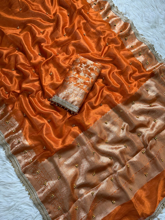 Premium Banarasi Tissue Zari Weaving Saree with Ghungroo Handwork Border