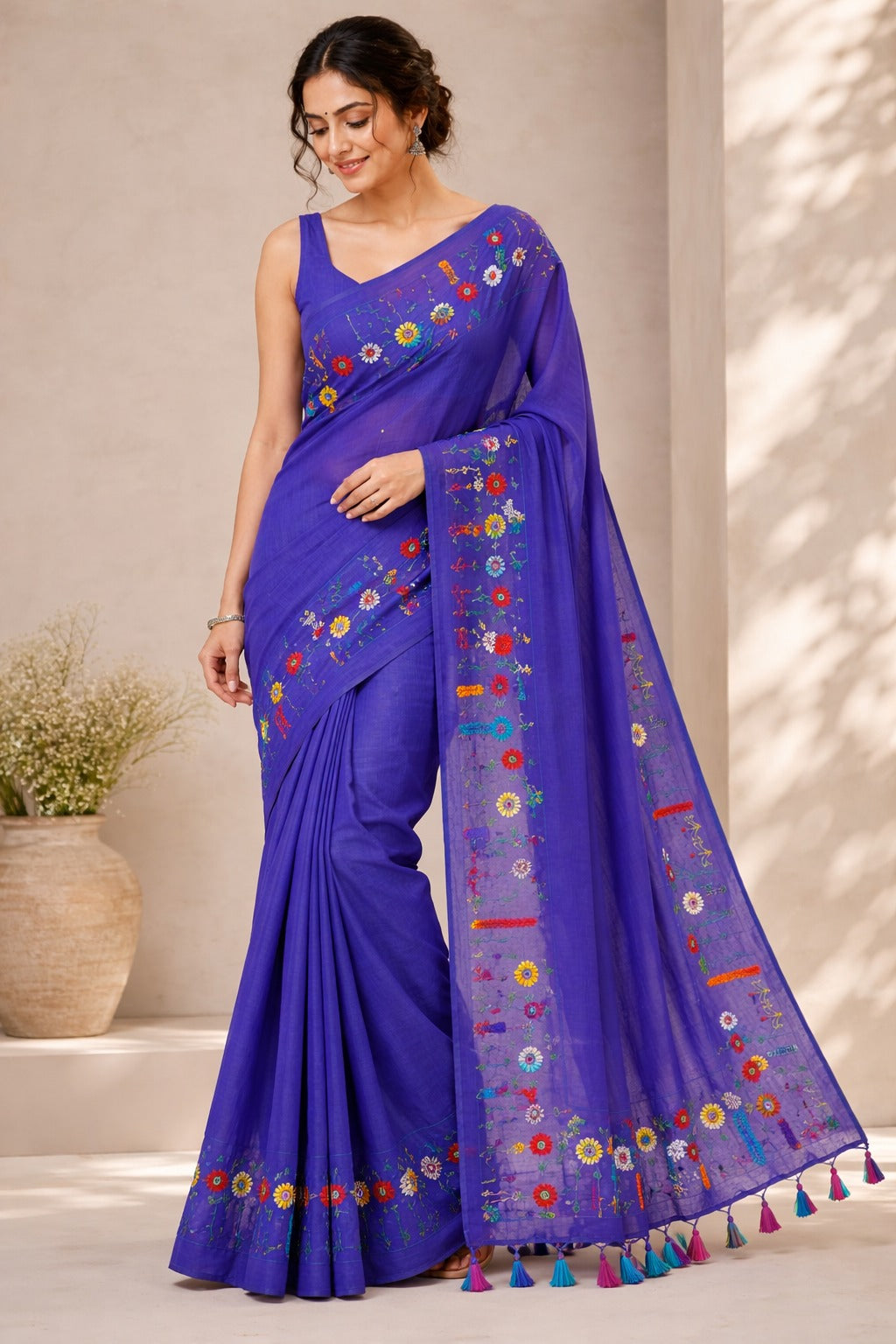 Beautiful Hand Stitch Pure Mul Cotton Saree Without blouse