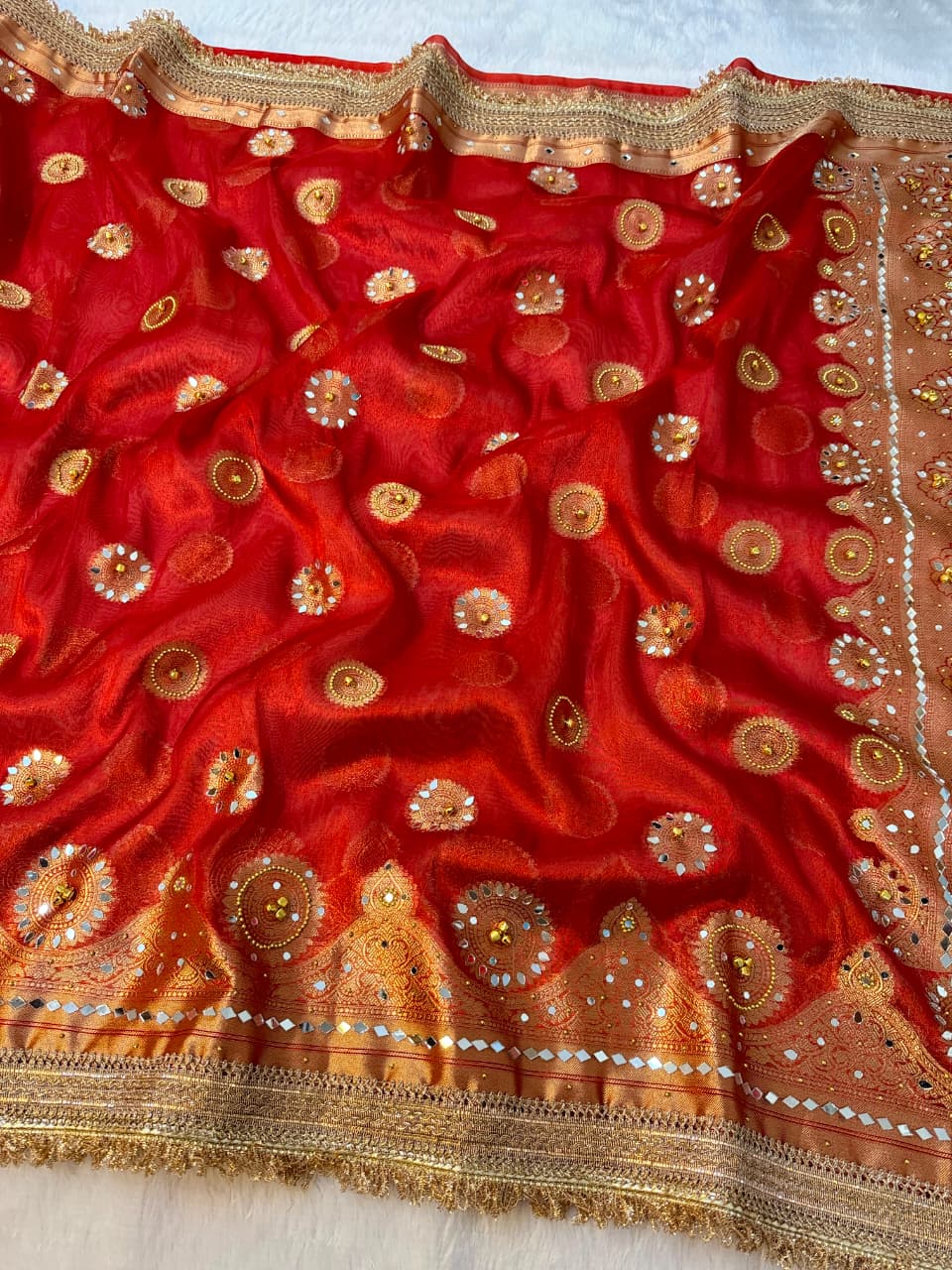 Premium Banarasi Tissue Zari Weaving Saree with Ghungroo Handwork Border