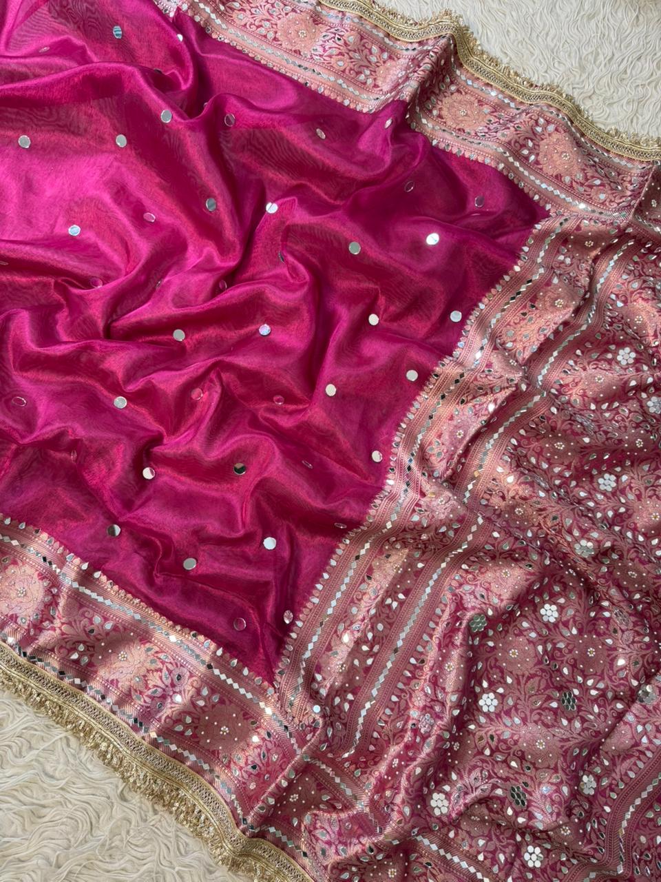 Banarasi Tissue Silk Saree With beautiful  borders with mirror  work