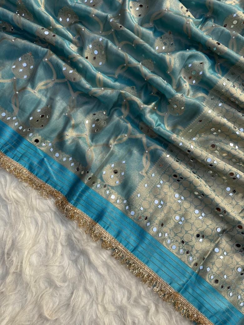 Elegant Tissue Mirror Work Saree with Designer Lace Border
