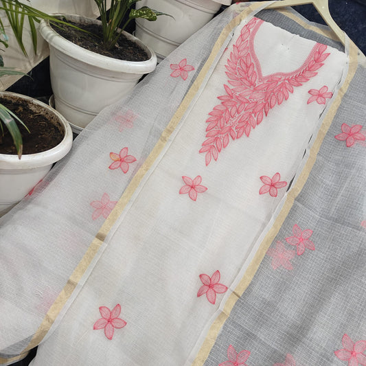 Pure Kota-Doria Unstitched Suit with Embroidery Work