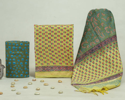 Hand Block Print Chanderi Silk Unstitched Suit