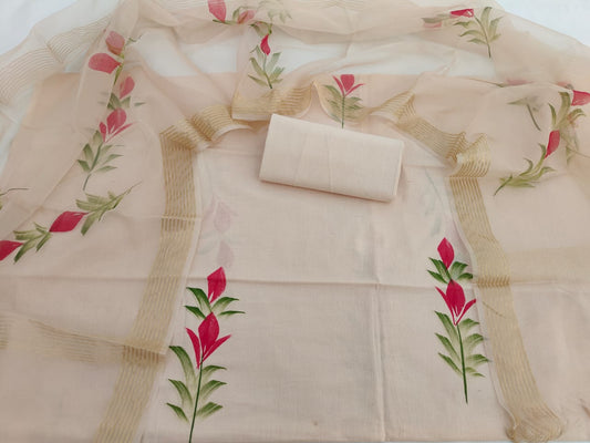 Hand-Block Print Pure Cotton Unstitched Suit With Organza Silk Dupatta