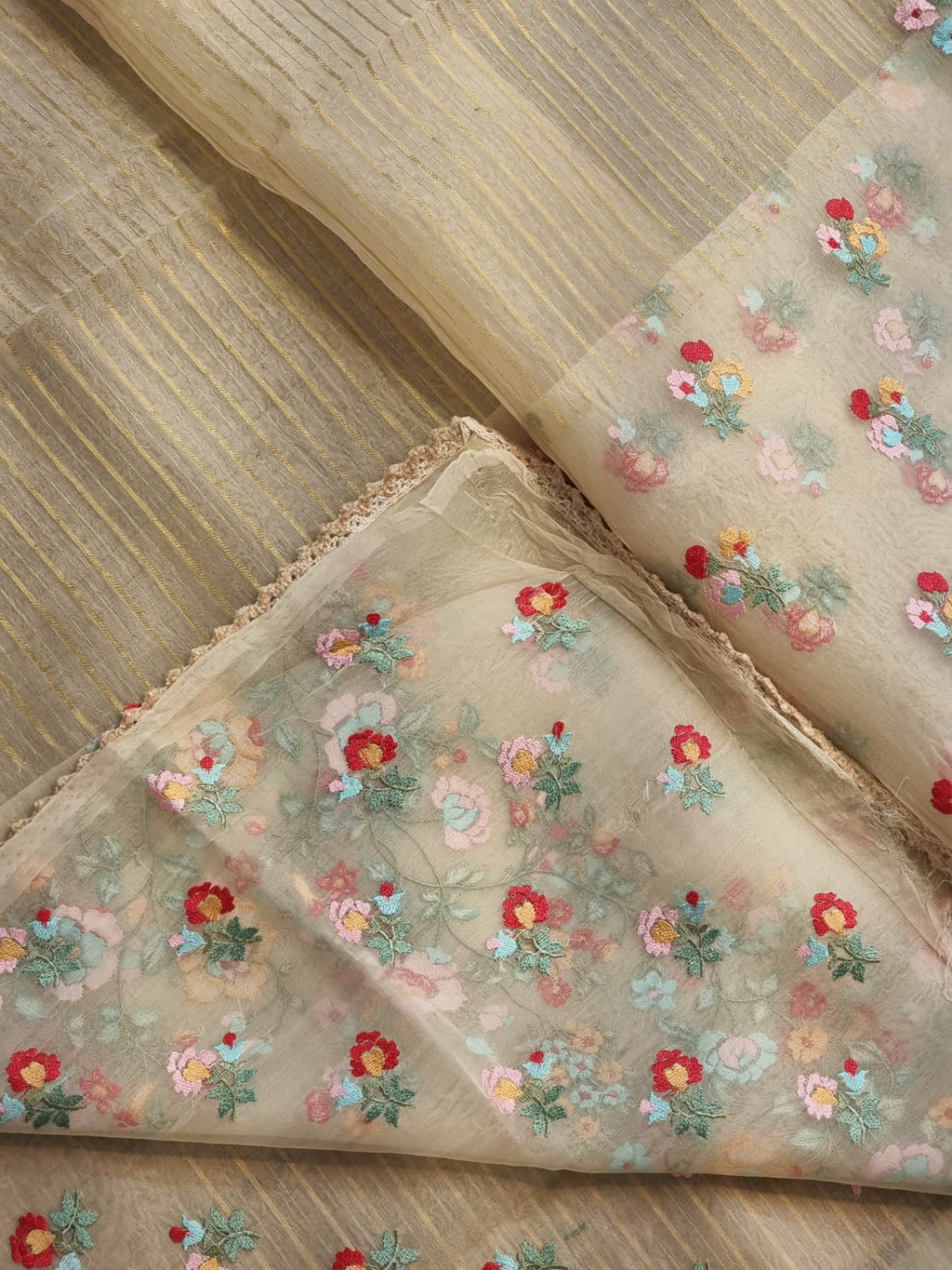 Pure Organza Silk  floral Embroidery Saree with velvet lace and heavy blouse