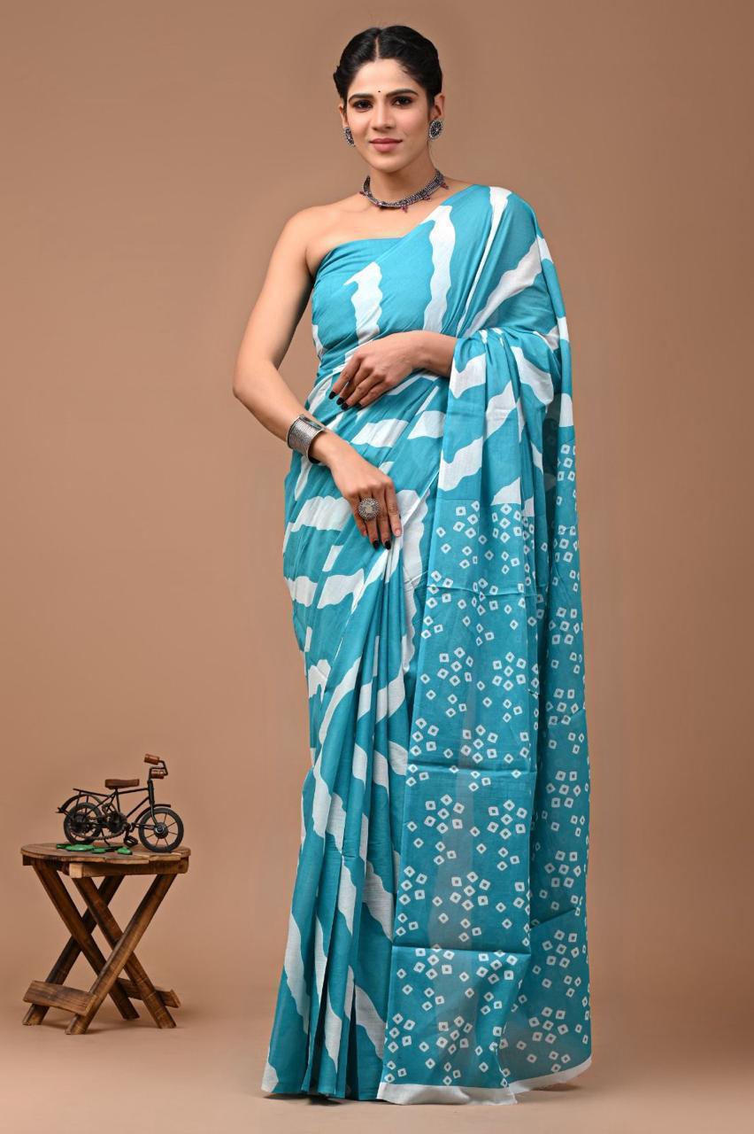 Pure Mulmul Cotton hand block Print Saree with Blouse