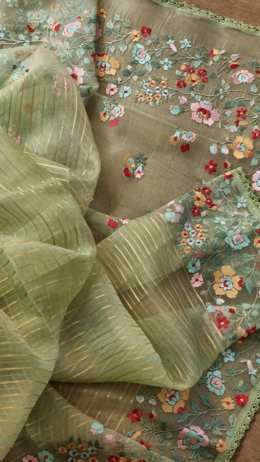 Pure Organza Silk  floral Embroidery Saree with velvet lace and heavy blouse