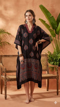 Pure Modal Silk Hand block Printed Kaftans Stitched suit With Hand Mirror Work