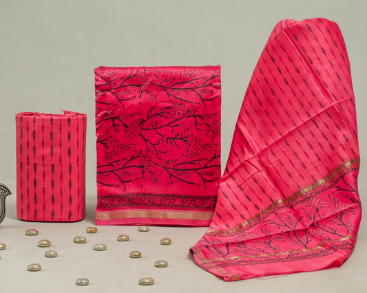 Hand Block Print Chanderi Silk Unstitched Suit