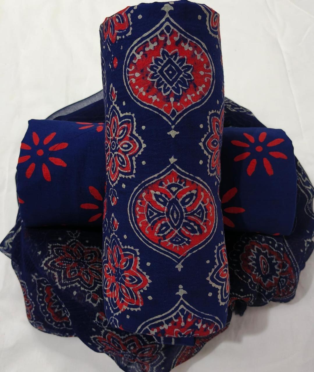 Pure cotton hand-block print suit with Chiffon dupatta