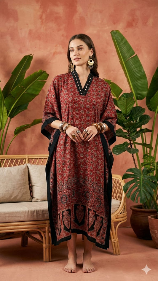 Pure Modal Silk Handblock Printed Kaftans Stitched suit With Hand Mirror Work