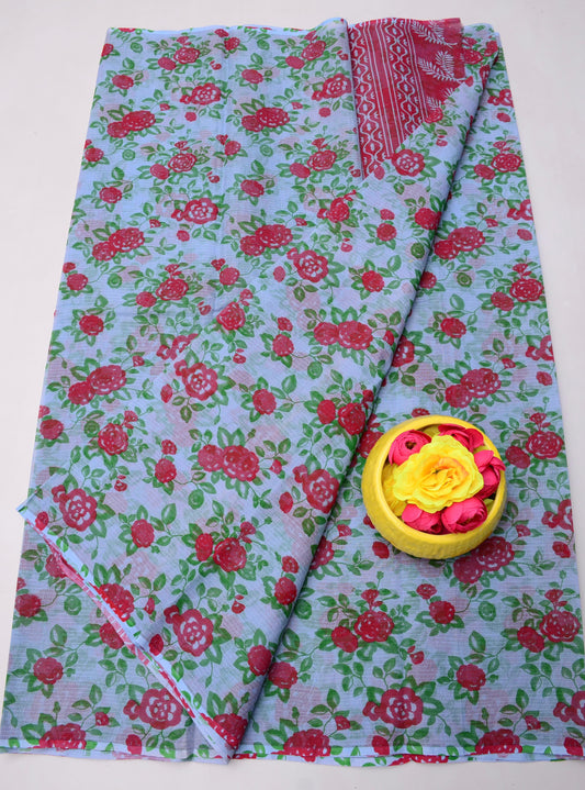 Pure Cotton Kota Doria Kalam Kari Floral Print Saree