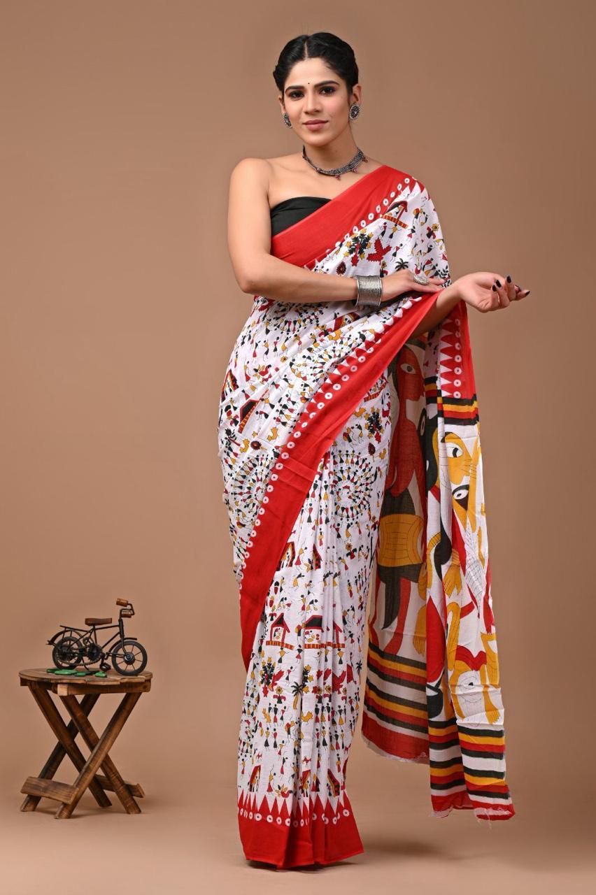 Pure Mulmul Cotton hand block Print Saree with Blouse