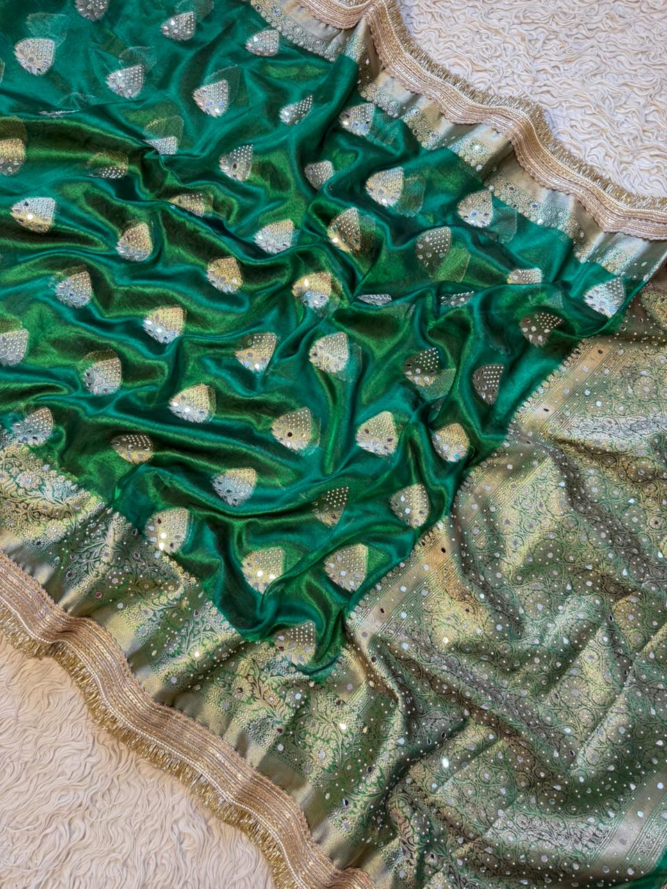 Banarasi Tissue Silk Saree With beautiful  borders with mirror  work