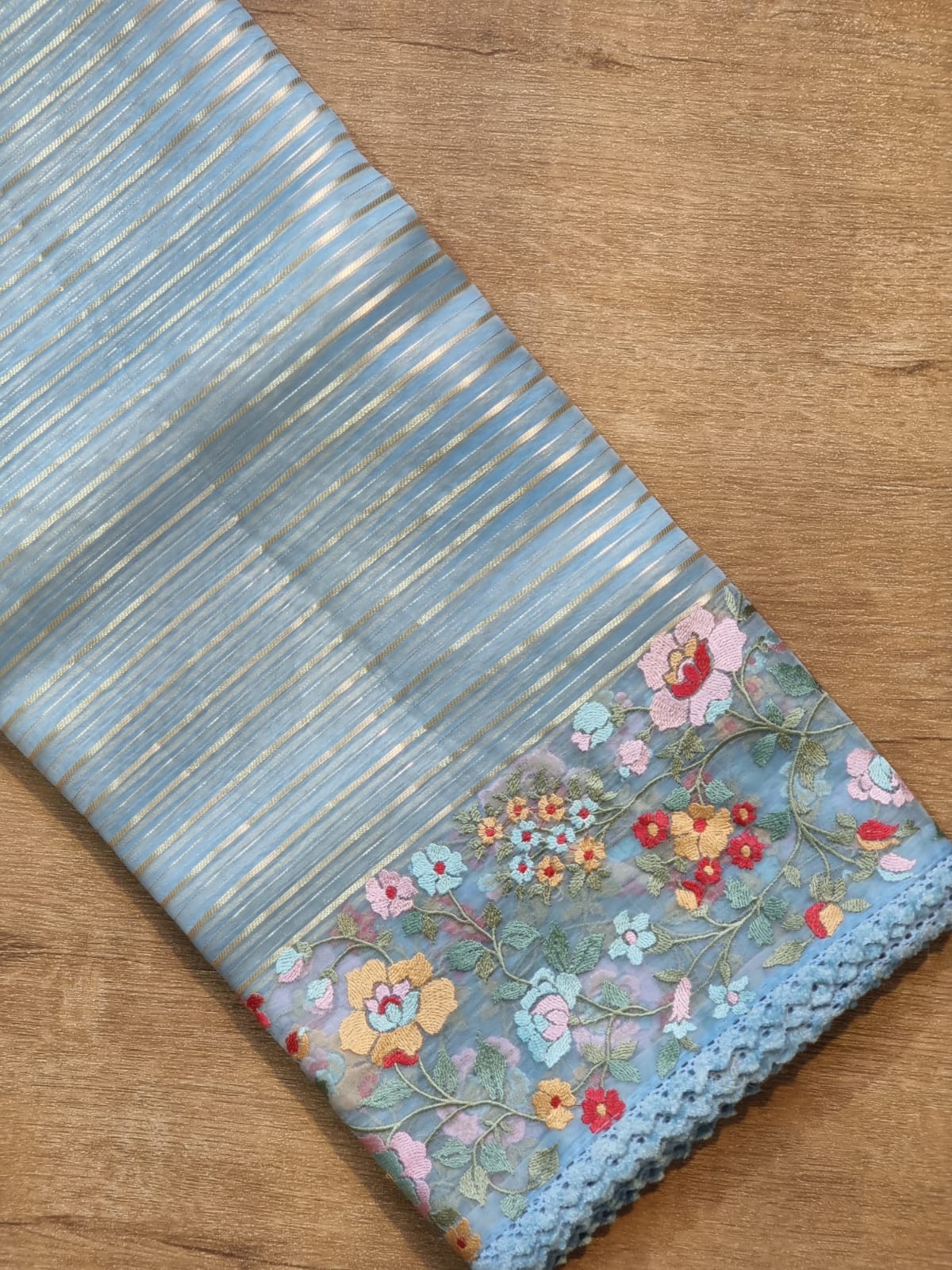 Pure Organza Silk  floral Embroidery Saree with velvet lace and heavy blouse