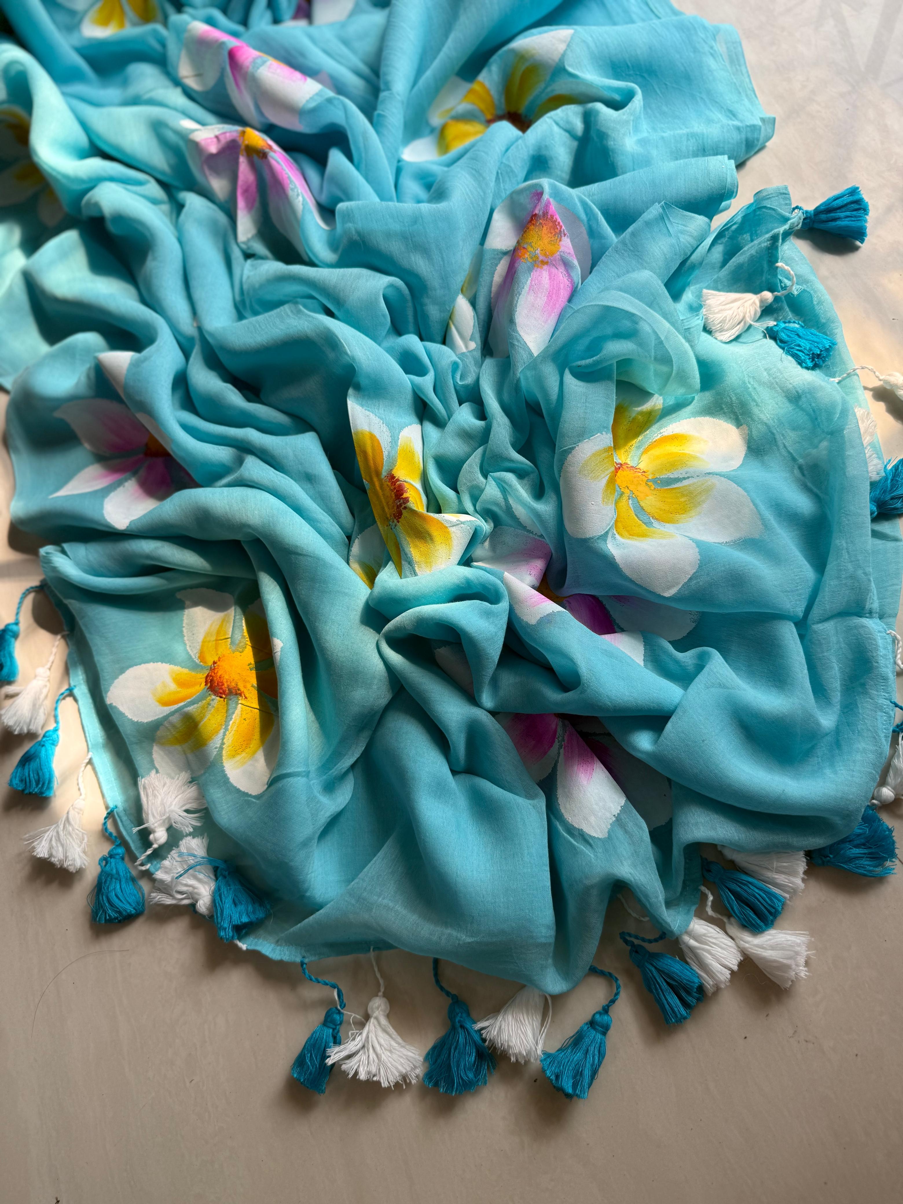 Beautiful Mulmul   Cotton Flowers design Hand Painted Saree