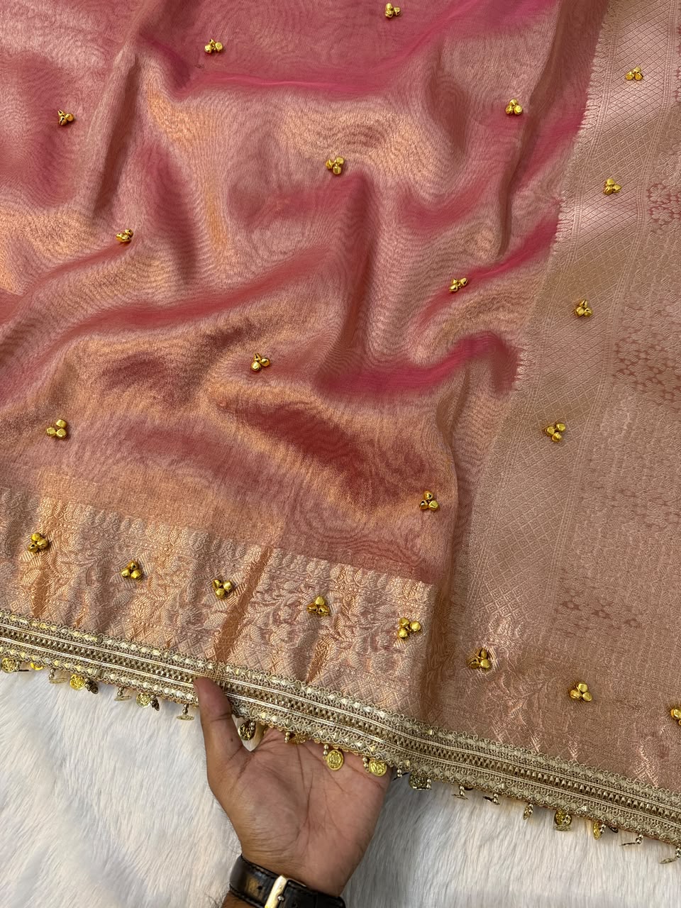 Premium Banarasi Tissue Zari Weaving Saree with Ghungroo Handwork Border
